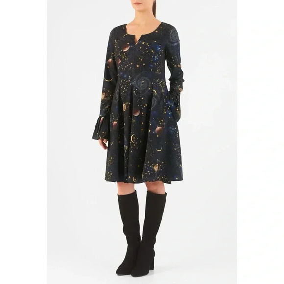 eShakti Constellation Galaxy Planet Print Crepe Empire Dress - Picture 1 of 13